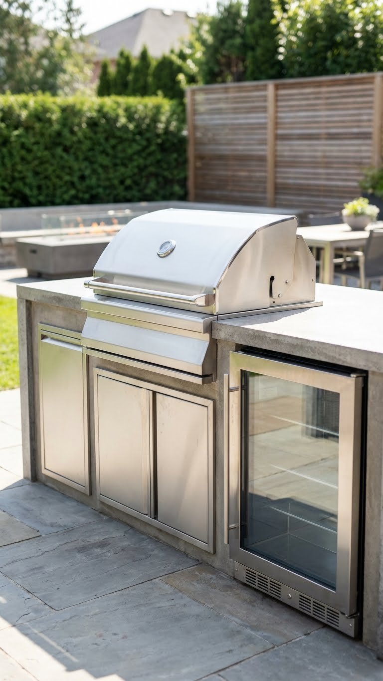 Outdoor Kitchen With Bar Complete Planning Design Guide 8 Sleek stainless steel built-in grill integrated into modern outdoor kitchen island with stainless steel cabinet doors