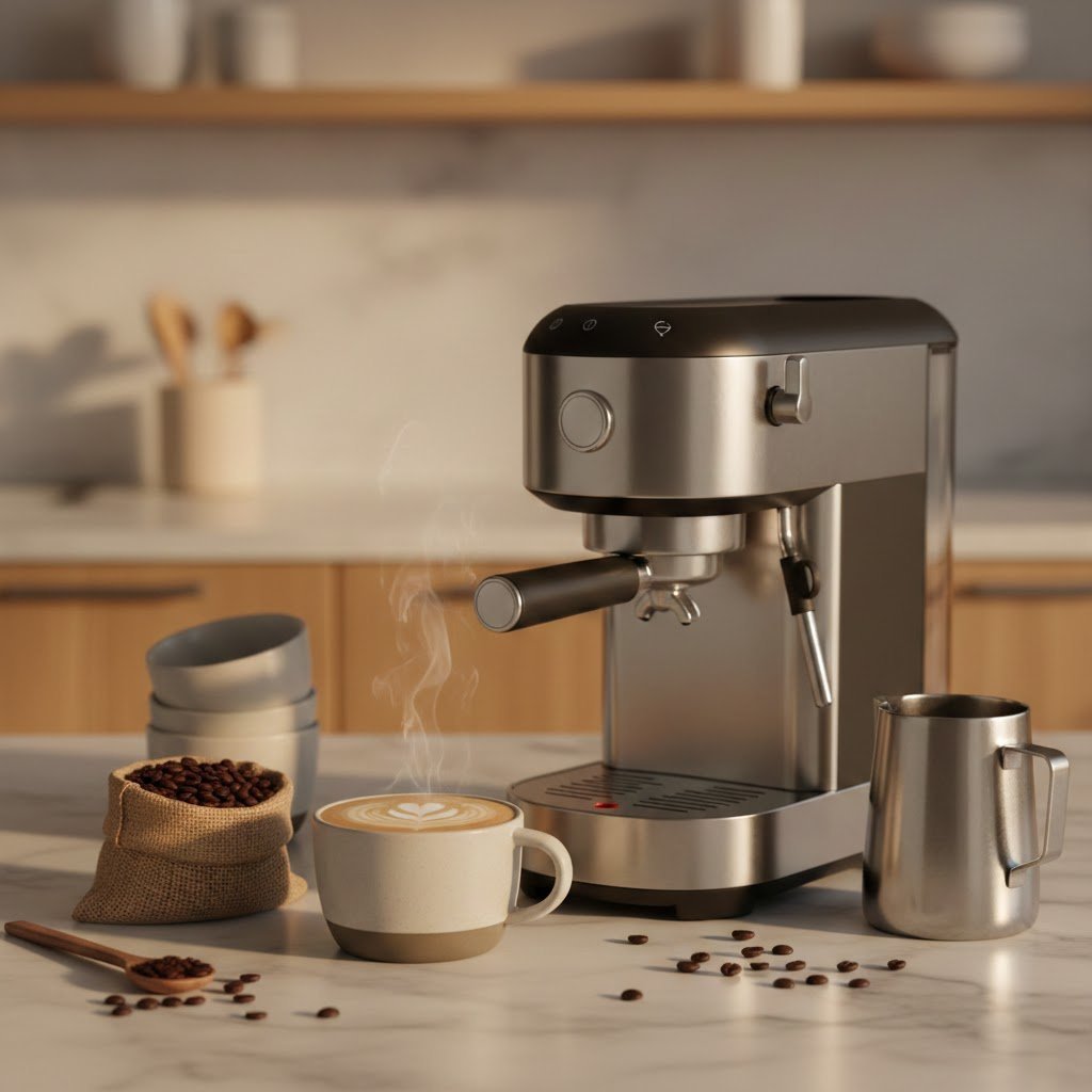 Sleek stainless steel espresso machine steaming with latte art on marble countertop in warm golden hour lighting.