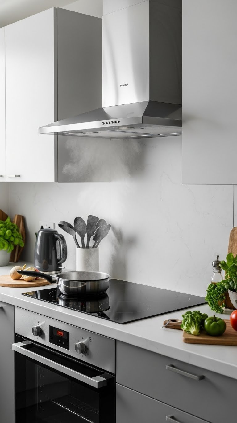Sleek stainless steel extractor fan above induction cooktop with steam ventilation in compact kitchen