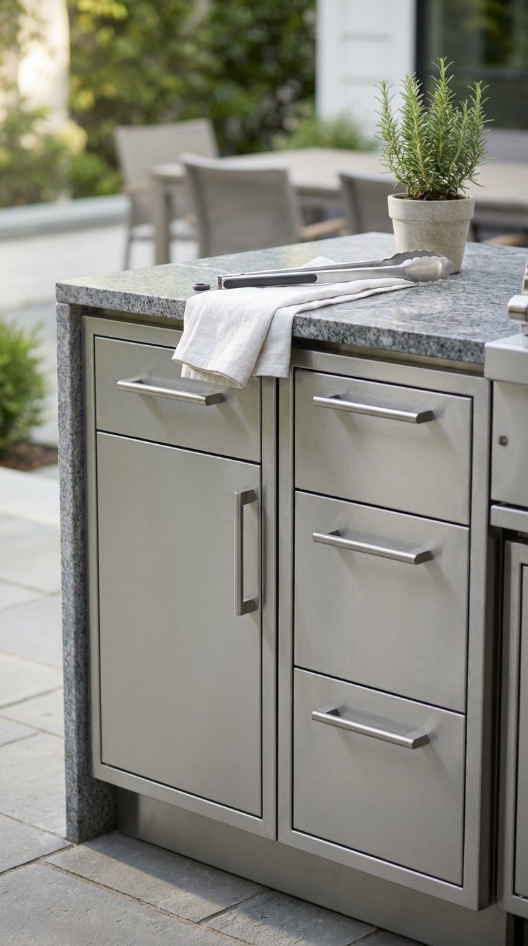 Outdoor Kitchen L Shape Complete Planning And Design Guide 8 Sleek stainless steel outdoor kitchen cabinet and drawer combo under granite countertop with professional hardware