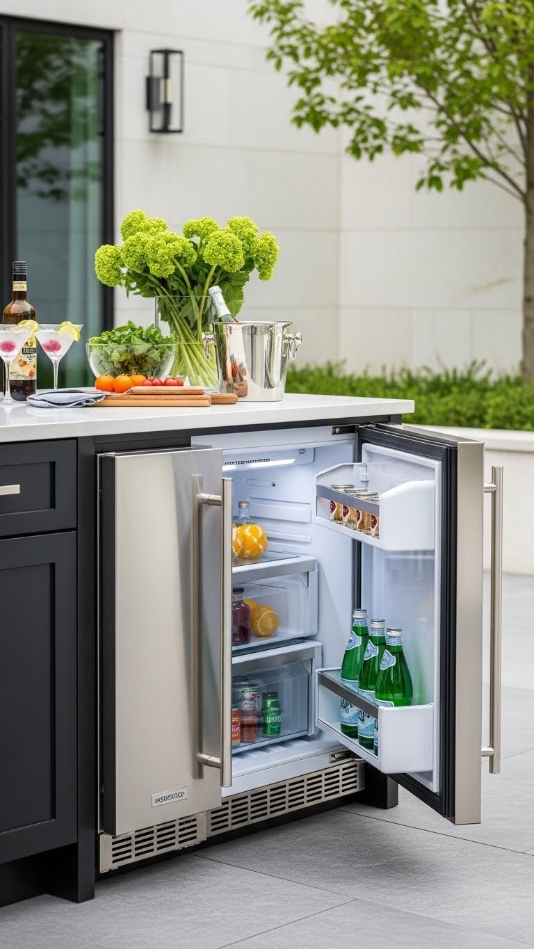 Mastering Luxury Outdoor Kitchen Design: 7 Essential Elements 5 Sleek stainless steel outdoor refrigerator built into premium cabinetry, door ajar revealing gourmet ingredients and beverages.