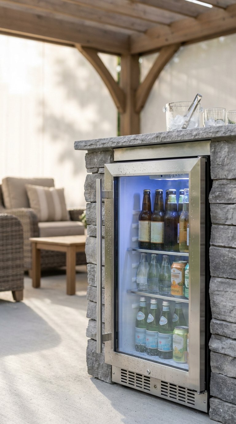 Sleek stainless steel outdoor refrigerator built into stone island with beverages visible inside