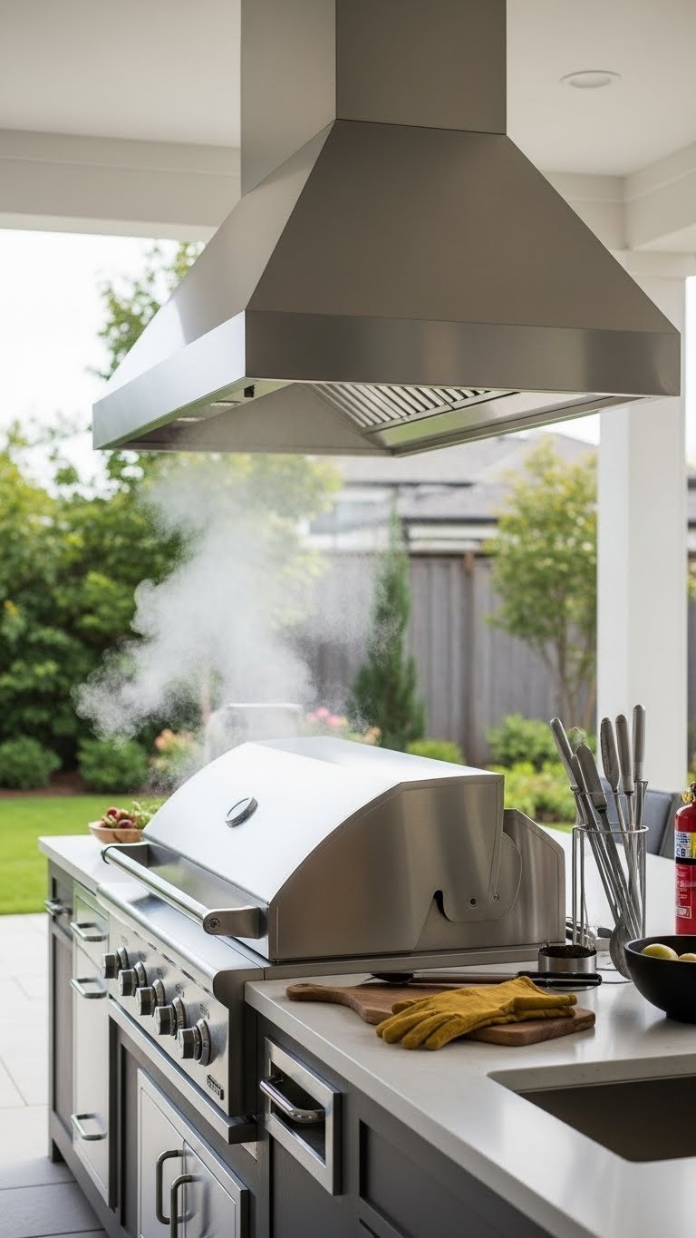 Outdoor Kitchen With Smoker: Ultimate Design &Amp; Build Guide 7 Sleek stainless steel range hood vent above a built-in smoker in a modern outdoor kitchen, showcasing effective ventilation with a wisp of smoke.