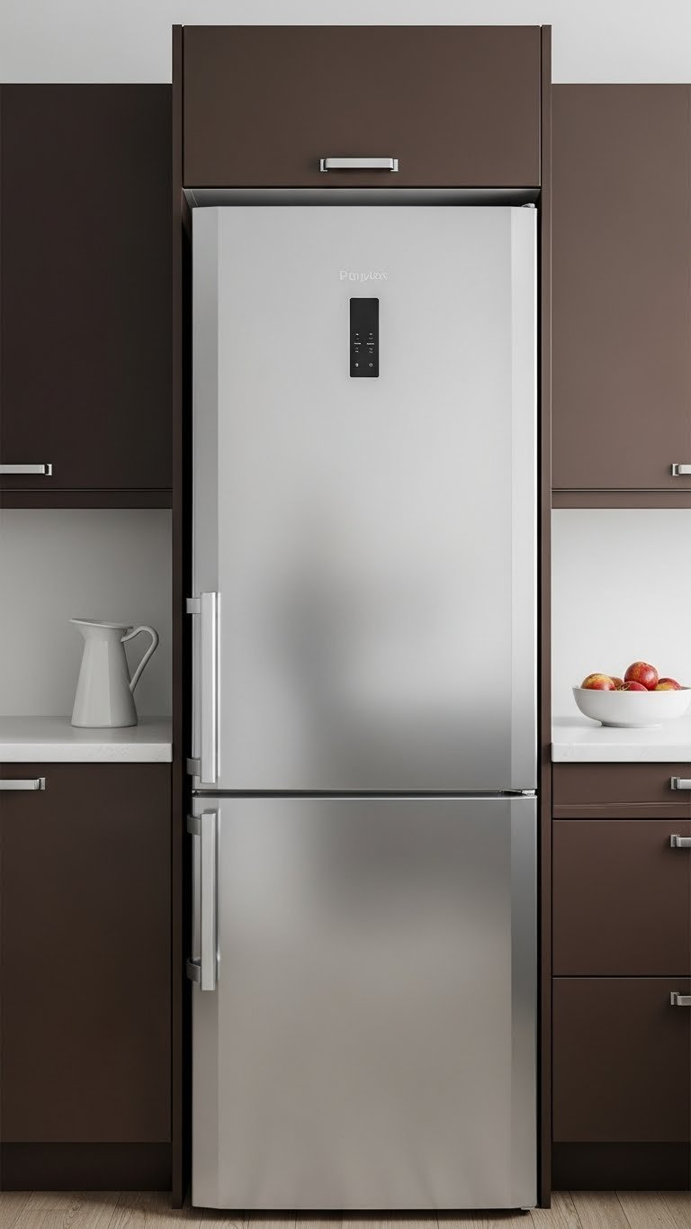 Sleek stainless steel refrigerator integrated within small kitchen surrounded by dark brown cabinets