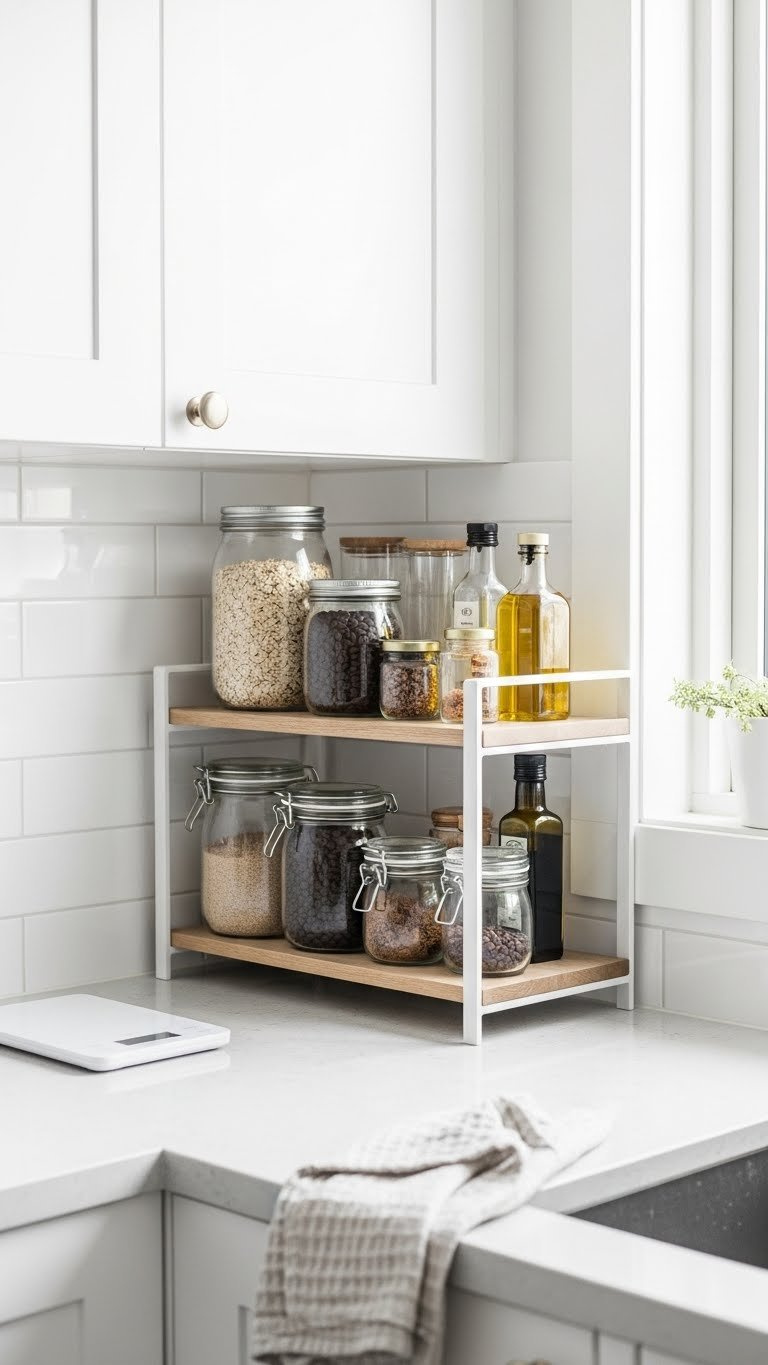 Sleek two-tier wooden shelf organizing glass jars of pantry staples on light grey quartz kitchen counter