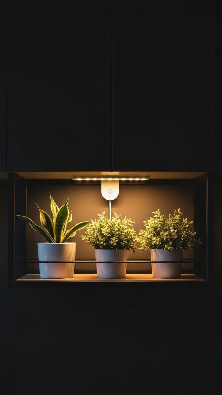 Sleek under-cabinet LED grow light illuminating potted emerald green plants on a black kitchen shelf, cozy aesthetic.