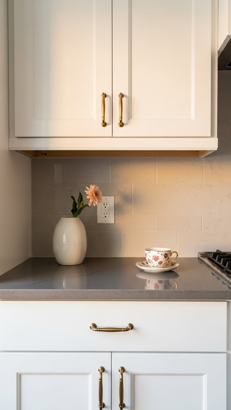 Small Kitchen Ideas: 7 Genius White Cabinet Looks To Warm Up Your Space 5 Sleek white flat-panel cabinets with brass pulls on dark grey quartz countertop with ceramic vase and gold teacup