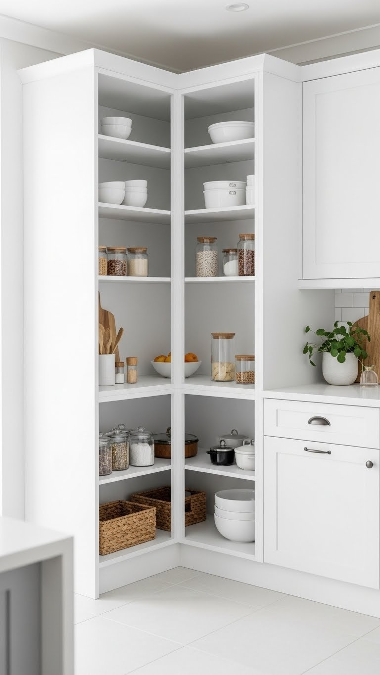 11 Essential Freestanding Pantry Ideas For Every Kitchen 13 Sleek white freestanding corner pantry unit in a bright modern kitchen, efficiently organized with kitchen items.