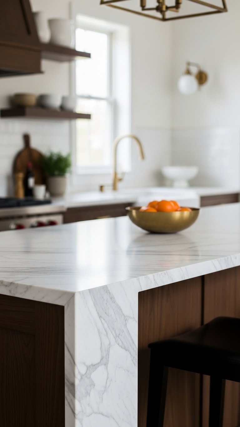 Sleek white marble countertop with waterfall edge flowing down dark wood cabinet base in modern kitchen with brass fruit bowl