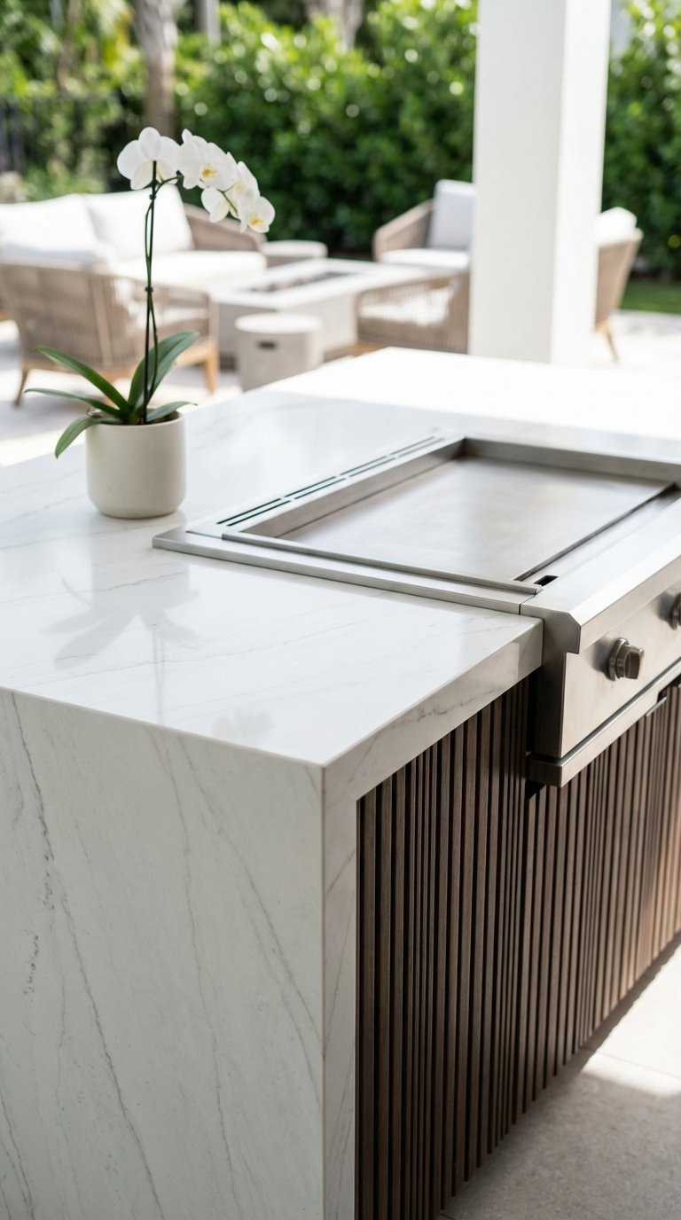 Sleek white quartzite countertop with gray veining and built-in teppanyaki grill in modern outdoor kitchen with dark wood base