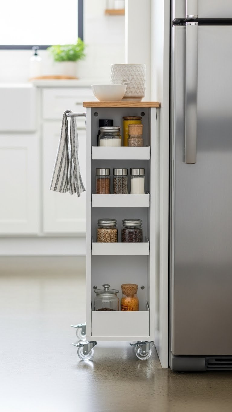11 Essential Freestanding Pantry Ideas For Every Kitchen 5 Sleek white rolling pantry on wheels in a modern kitchen, organized with spices and jars, tucked beside a refrigerator.