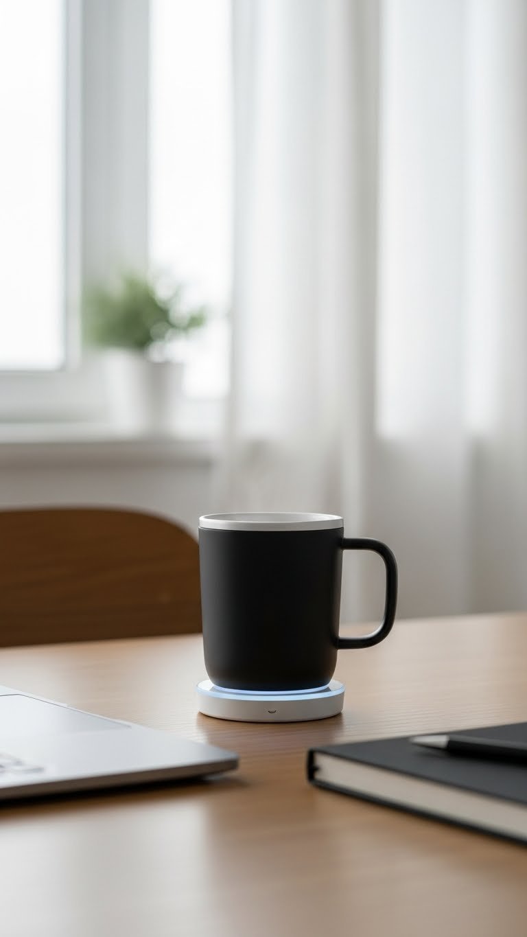 Sleek white smart mug glowing on charging coaster on minimalist wooden desk setup