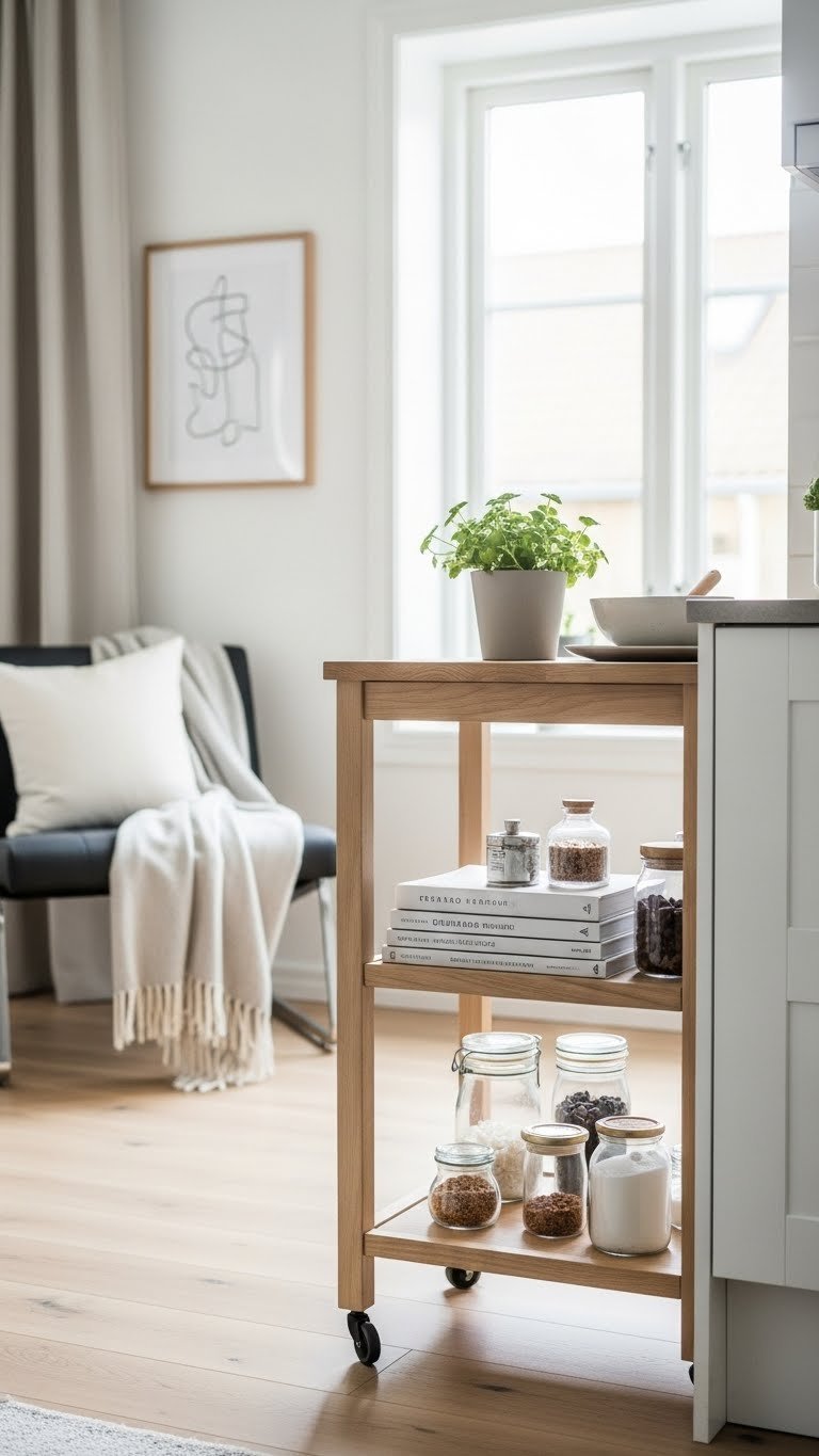 Sleek wooden kitchen utility cart with plants and cookbooks positioned in bright Scandinavian-inspired kitchen space