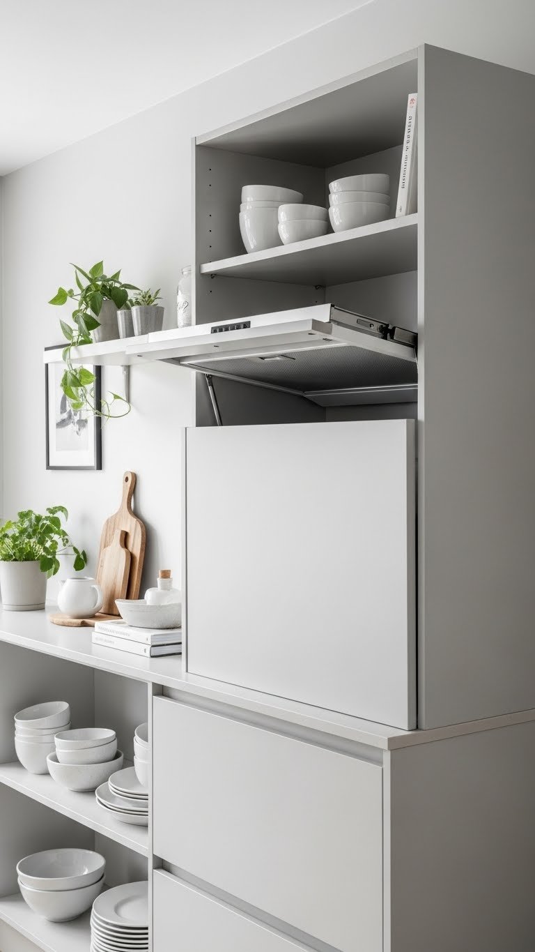 Slide-out range hood retracted into white cabinetry showcasing uncluttered kitchen design.