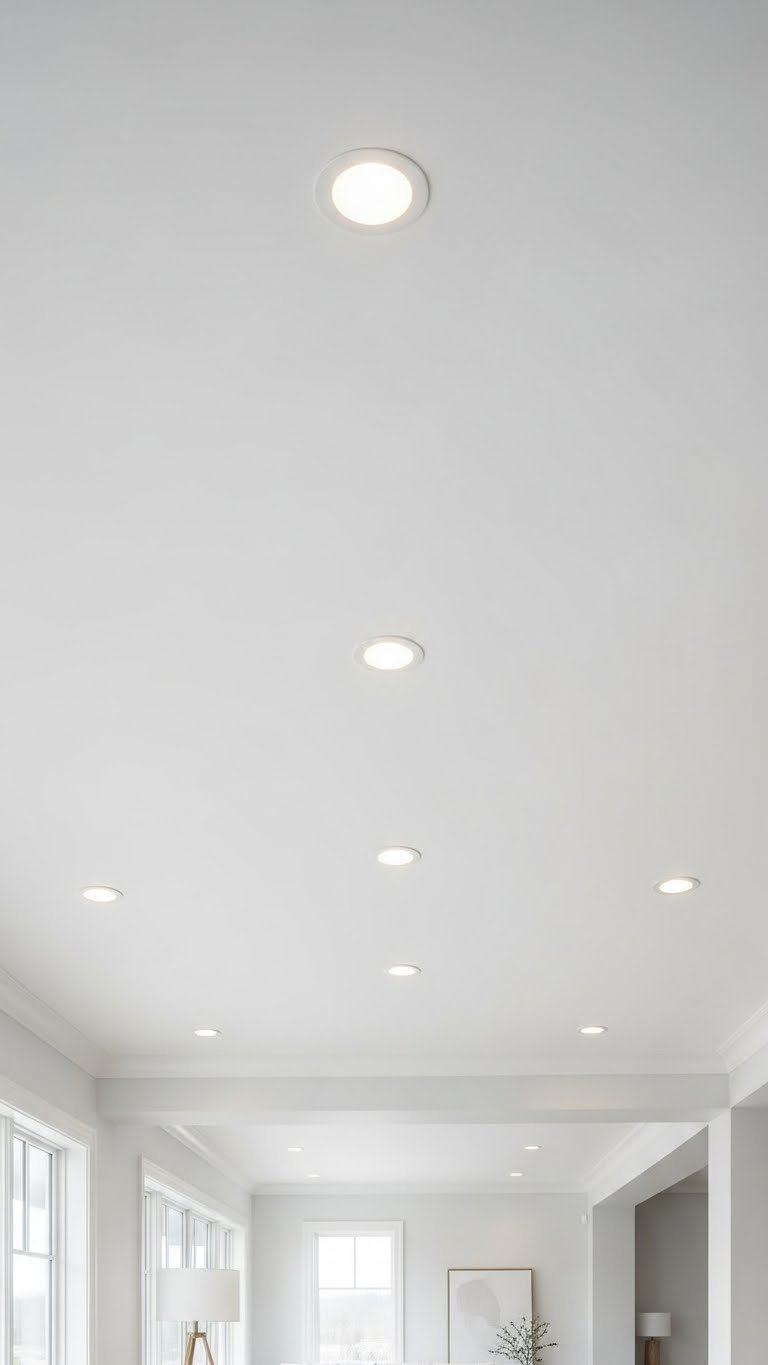 Slim LED recessed lighting seamlessly integrated into a white ceiling of an open concept space, providing bright, airy illumination.
