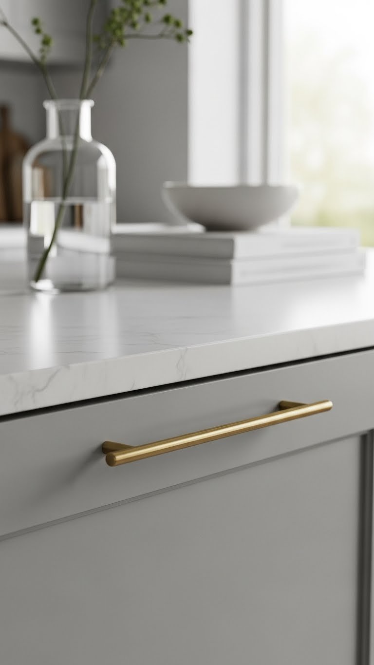 Slim brushed stainless steel bar pull on contemporary kitchen cabinet with clean minimalist profile