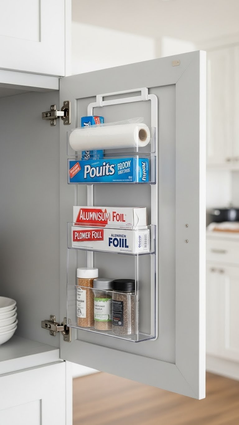 Slim over-the-door organizer inside kitchen cabinet holding plastic wrap and aluminum foil boxes for hidden storage