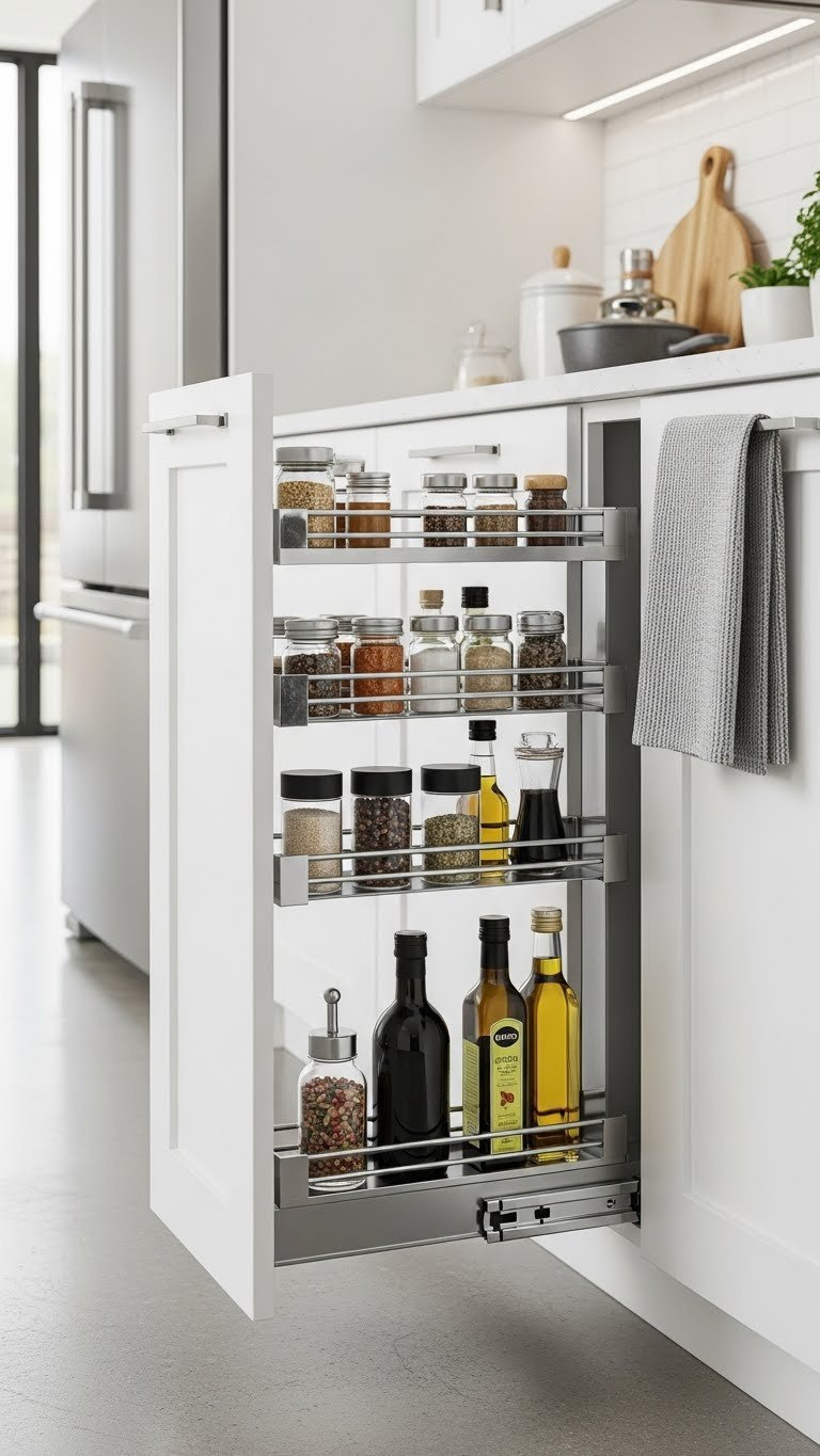 11 Essential Freestanding Pantry Ideas For Every Kitchen 19 Slim pull-out pantry extended in a modern kitchen, showing tiered shelves organized with spices and small bottles.