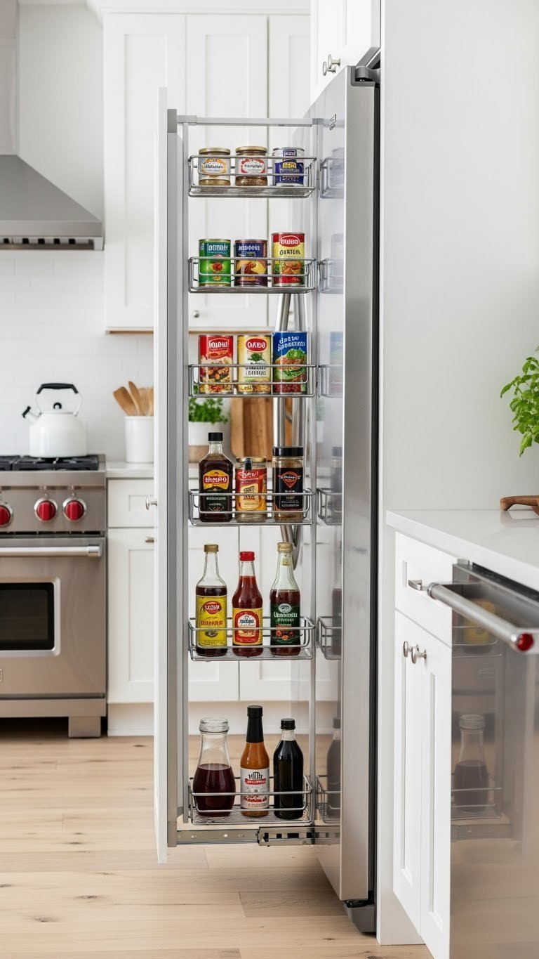 11 Smart Kitchen Cabinet Pantry Ideas For Ultimate Organization 11 Slim rolling pantry cart between a refrigerator and counter, revealing organized canned goods, sauces, and spices for narrow kitchen storage.