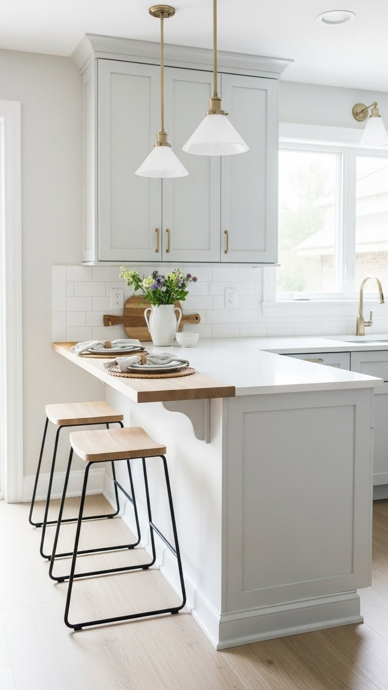 7 Essential Small Kitchen Ideas With Breakfast Bar 3 Slimline peninsula breakfast bar with light quartz countertop and two backless bar stools in bright minimalist kitchen setting.
