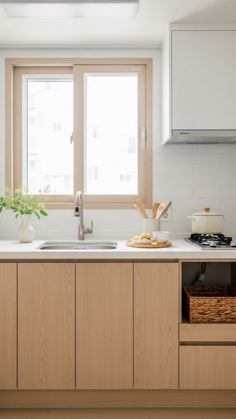 Small Korean kitchen with pale wood tones and matte white finishes creating bright airy minimalist atmosphere