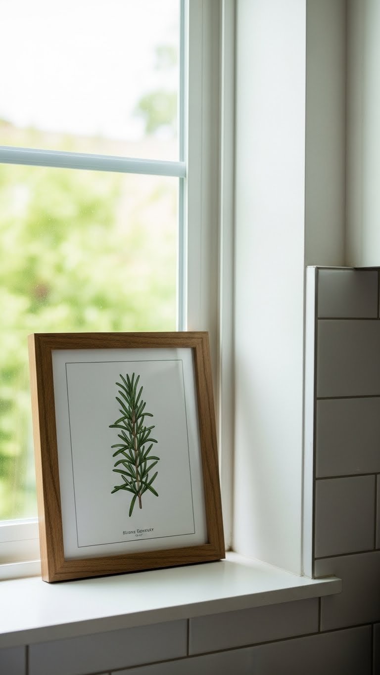 Small botanical rosemary print in dark wood frame hanging next to kitchen window with soft natural lighting and foliage backdrop