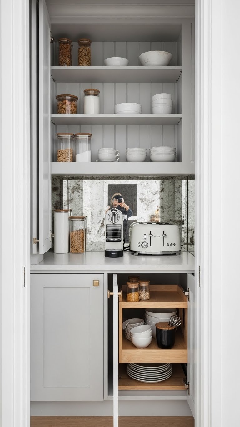 Butlers Pantry Ideas: Ultimate Plan, Design, Organize 12 Small butlers pantry maximizing space with floor-to-ceiling shelving, pull-out pantry, integrated countertop, and a mirrored backsplash.
