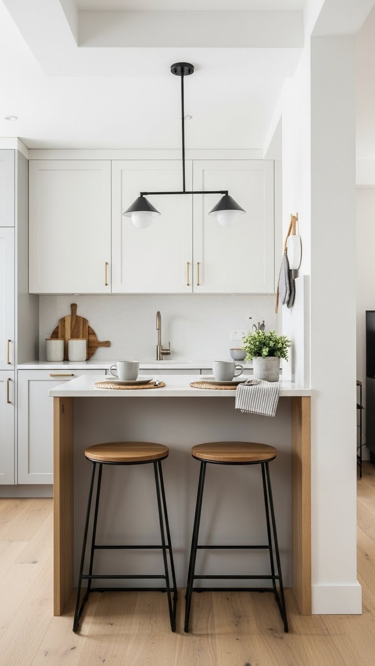 Small center kitchen island with seating for two featuring bar stools and coffee mugs in cozy dining setup