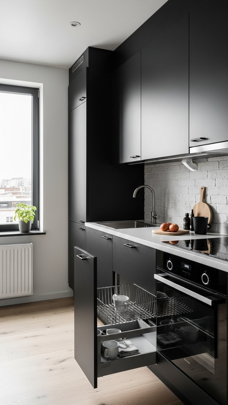 Small dark industrial kitchen for apartments: vertical storage, handle-less black cabinets, exposed brick, light wood flooring.