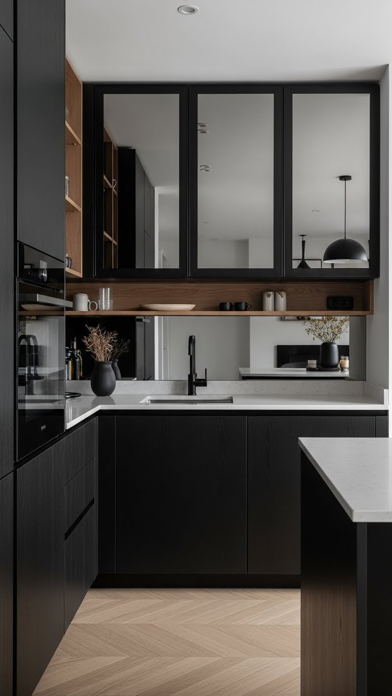 Small dark kitchen with floor-to-ceiling cabinetry, integrated appliances, and reflective surfaces. Maximizes space & light.