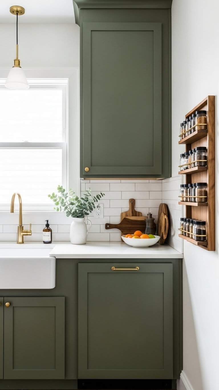 Small dark olive green galley kitchen with lower cabinets, white walls, vertical storage, and reflective subway tile.