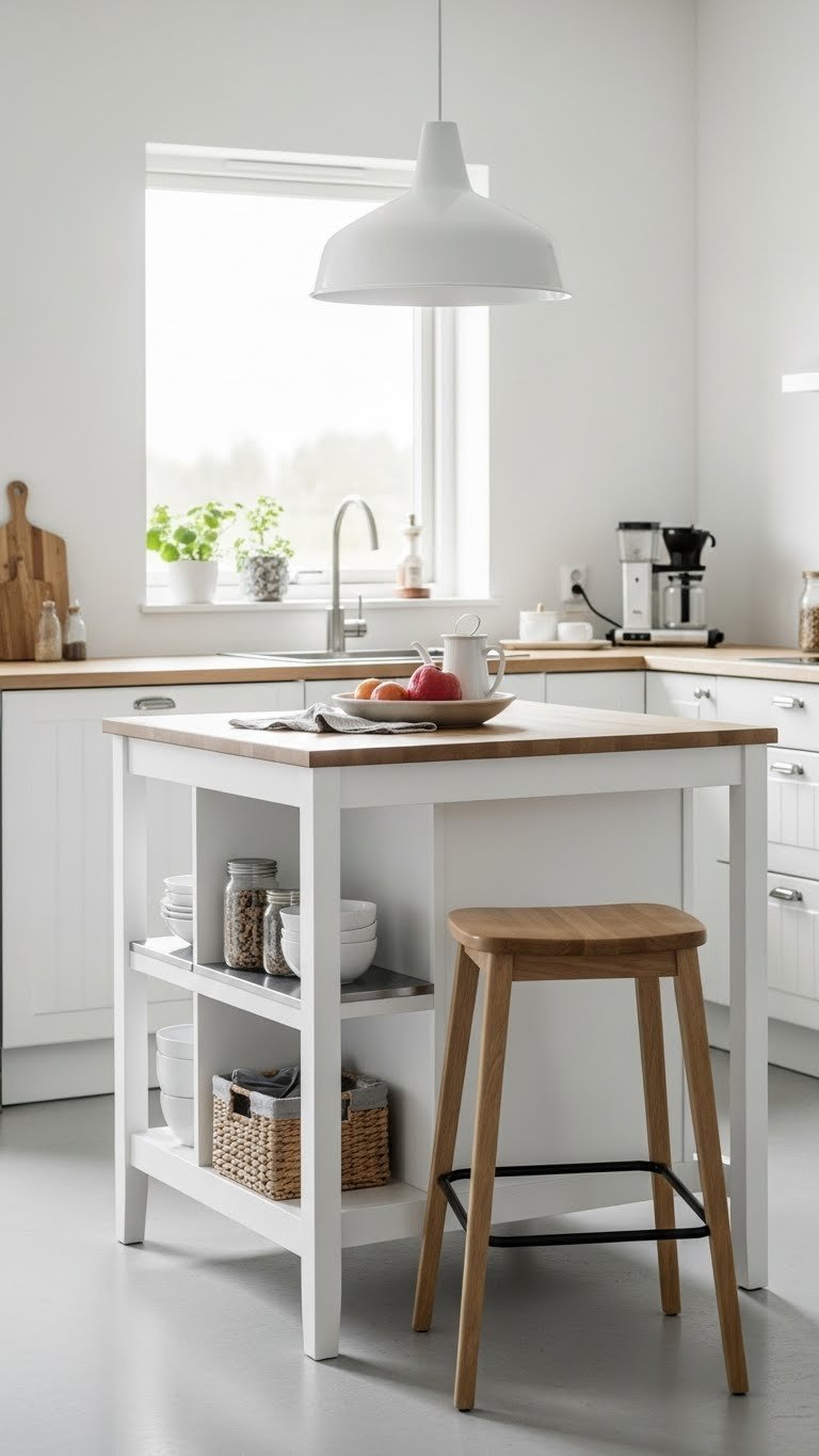 Small functional Scandinavian kitchen island with light wood top and discreet storage in bright airy daylight