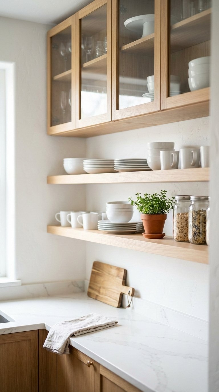 Small galley kitchen featuring open shelving and glass-front cabinets for airy visual openness