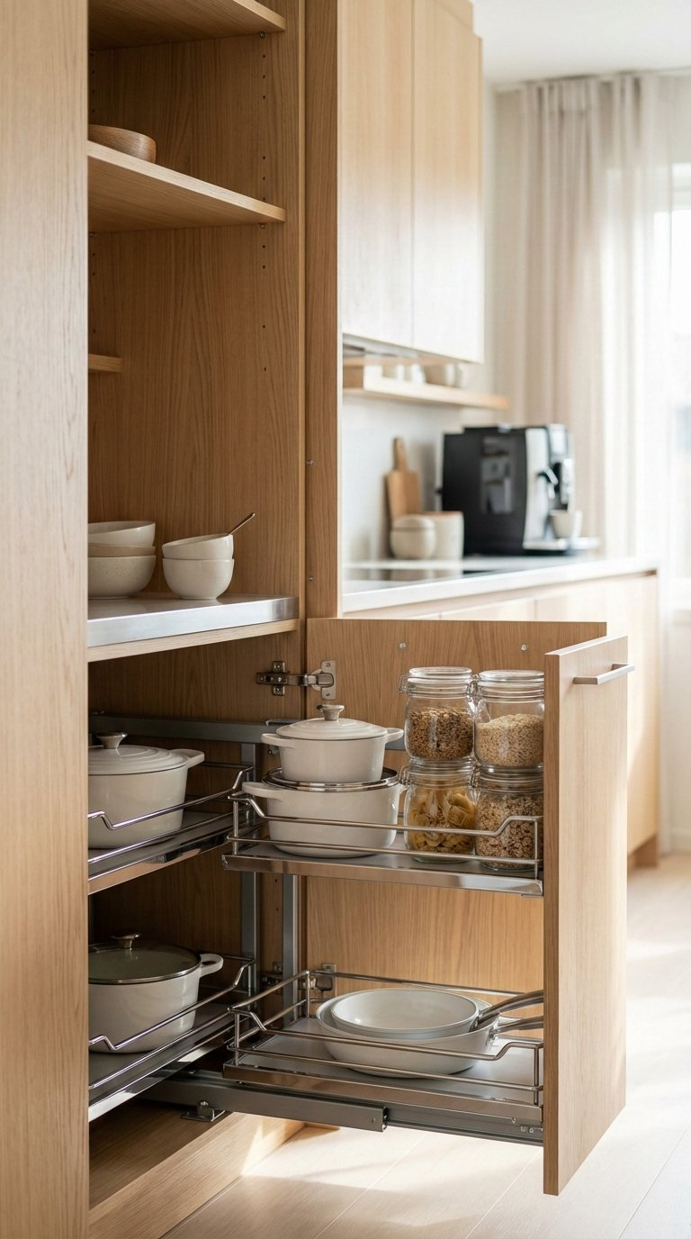 Small galley kitchen showcasing intelligent corner storage solutions like pull-out magic corner units
