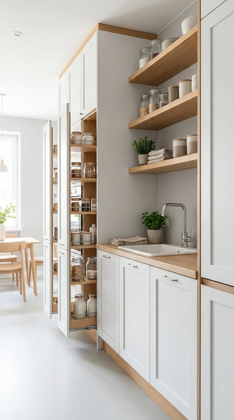 Small galley kitchen with floor-to-ceiling cabinetry and vertical storage solutions maximizing space efficiency