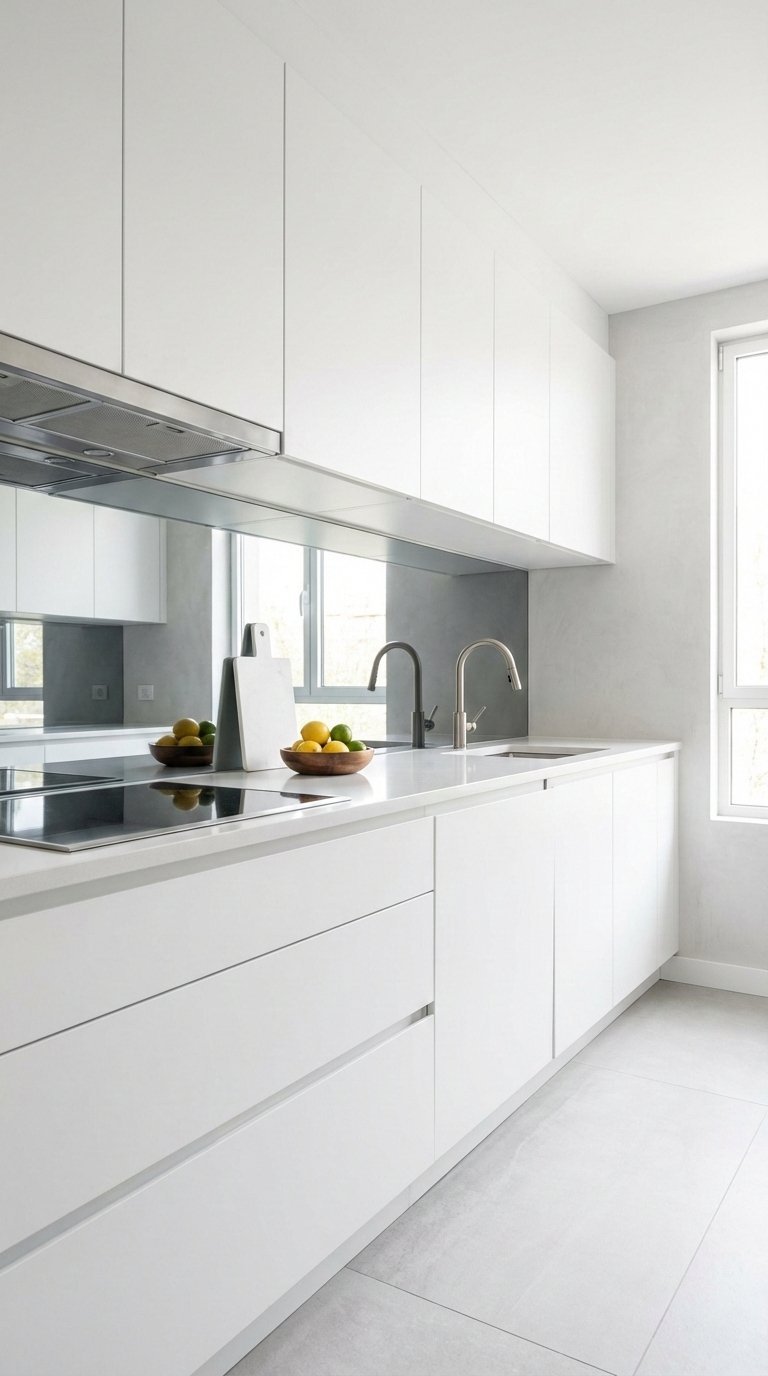 Small galley kitchen with mirrored backsplash reflecting light to create illusion of expanded space