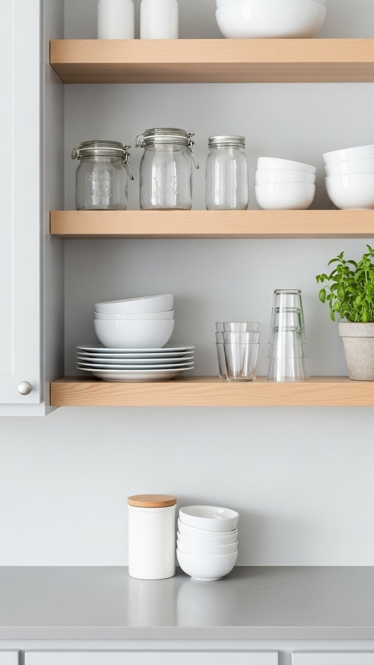 Small gray kitchen with minimalist open shelving displaying white dishes and glass jars