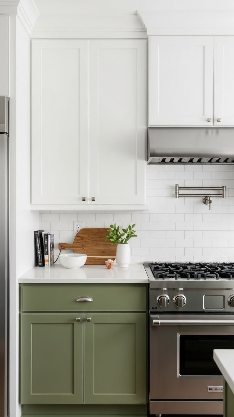 Small green and white kitchen with olive green lower cabinets, white uppers, and subway tile backsplash