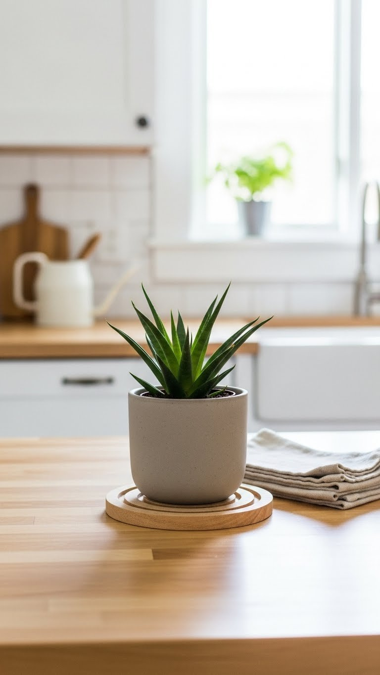 Small green snake plant in terracotta pot on wooden trivet against light butcher block kitchen counter