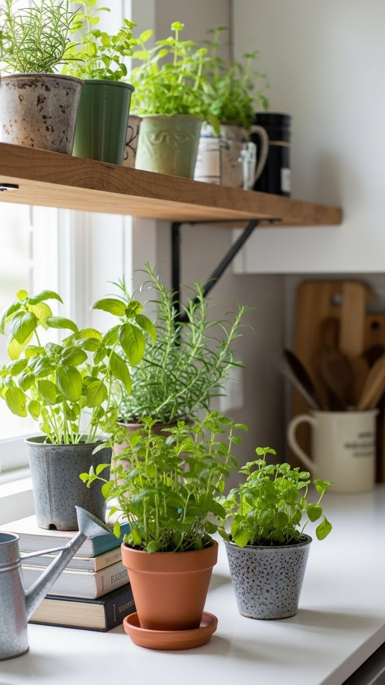Small indoor herb garden with mismatched ceramic pots on windowsill in vibrant cooking space