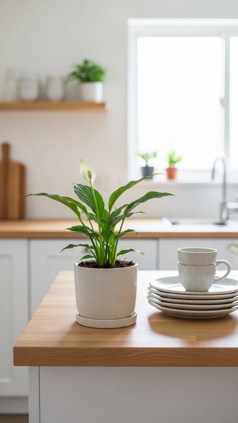 Small indoor plant in minimalist ceramic planter on light wood countertop showcasing biophilic Japandi design