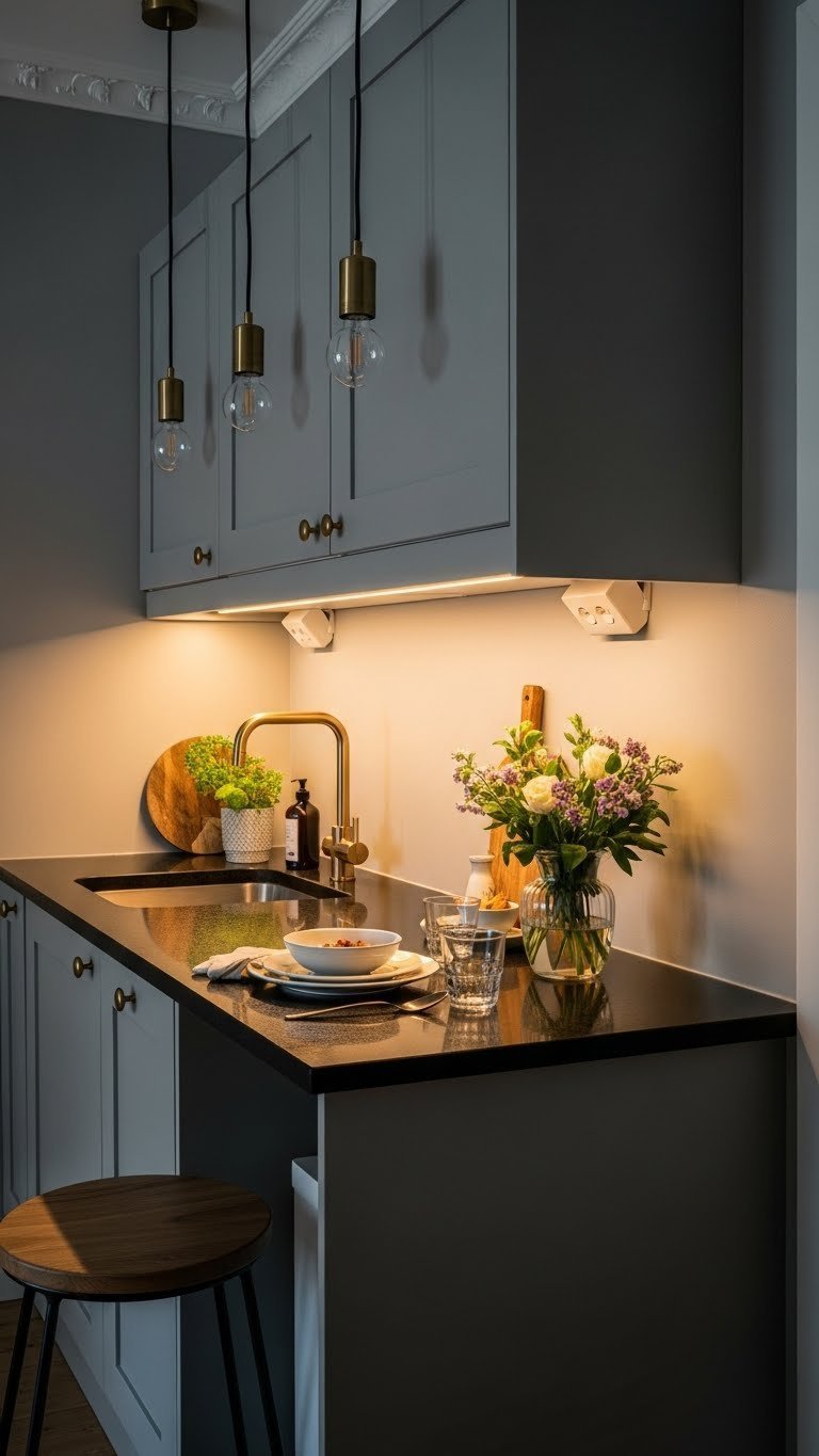 Small kitchen at dusk with sleek black granite countertops illuminated by under-cabinet LED lighting and brass pendant lights