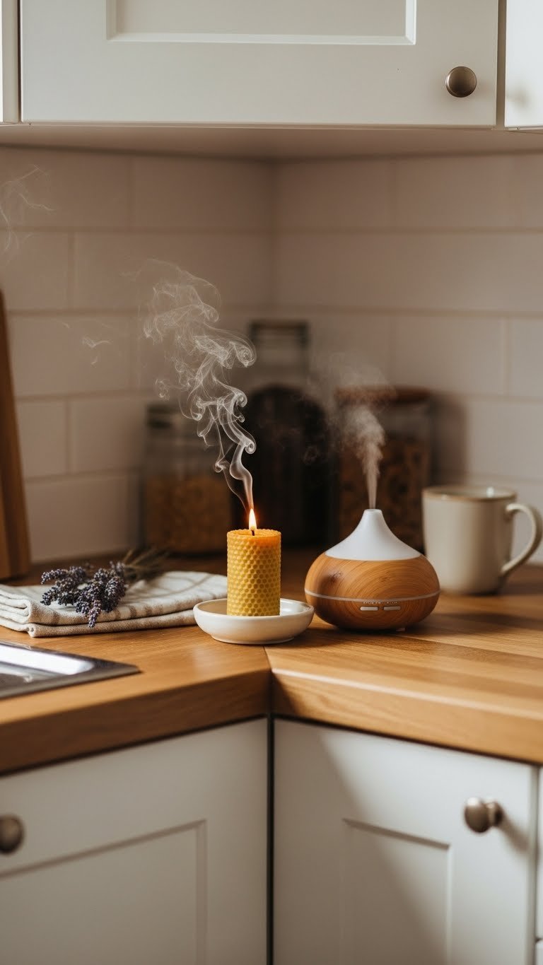 Small kitchen corner with glowing beeswax candle and essential oil diffuser on wooden countertop