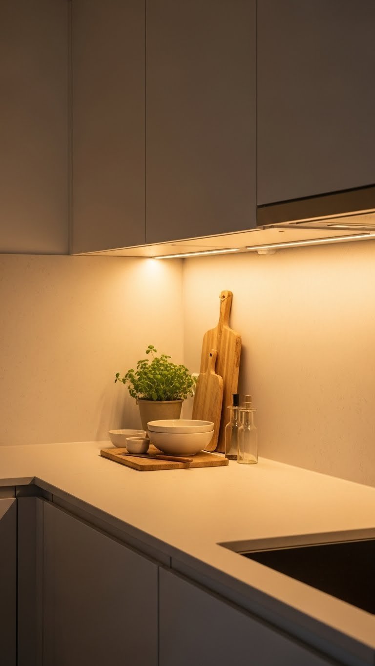Small kitchen counter illuminated by warm LED strip lighting under upper cabinets