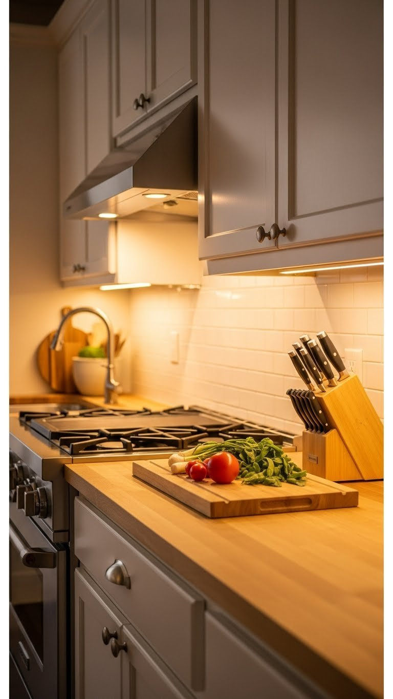 Small kitchen countertop illuminated by warm under-cabinet LED lighting with organized cooking space.