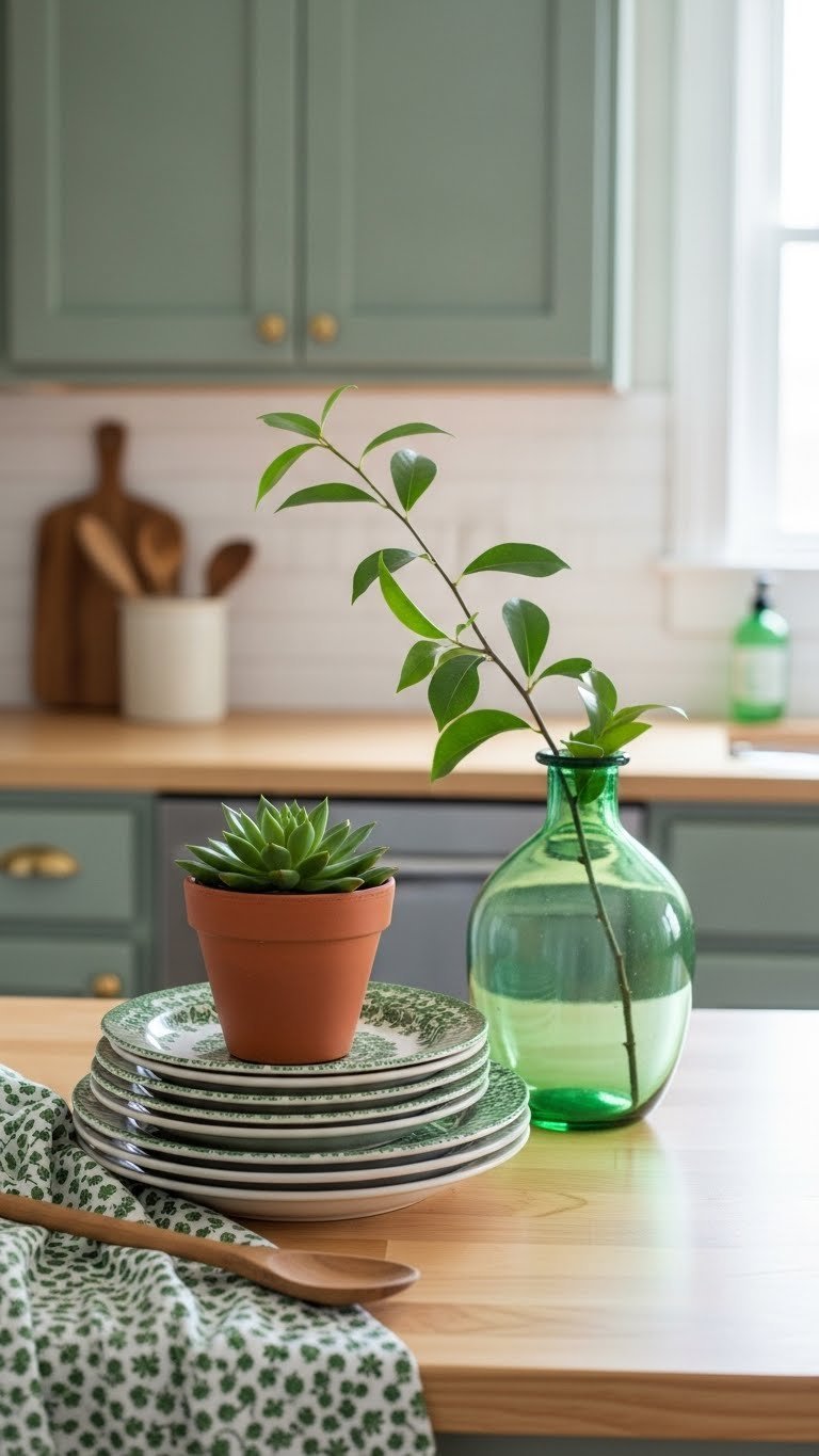 Small kitchen countertop with green biophilic accents including succulents and vintage ceramics