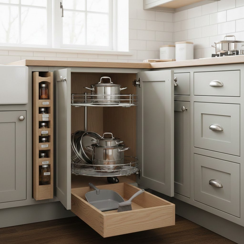 Small kitchen custom cabinetry featuring narrow pull-out spice rack, corner carousel, and toe-kick drawer eliminating wasted corners in modern design.