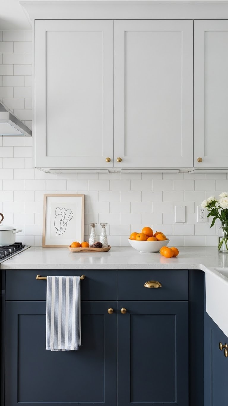 Small kitchen design with dark lower cabinets and light upper cabinets creating balanced contrast with minimalist fruit bowl