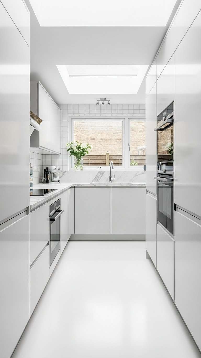 Small kitchen extension with reflective surfaces, glossy white cabinetry, and marble worktop creating bright spacious illusion.