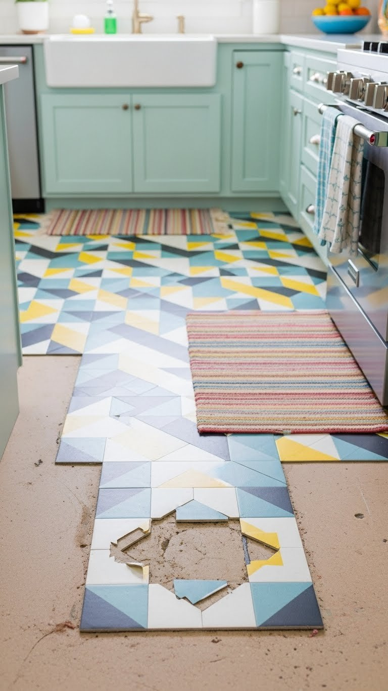 Small kitchen floor with geometric peel-and-stick vinyl tiles creating bold budget-friendly pattern.